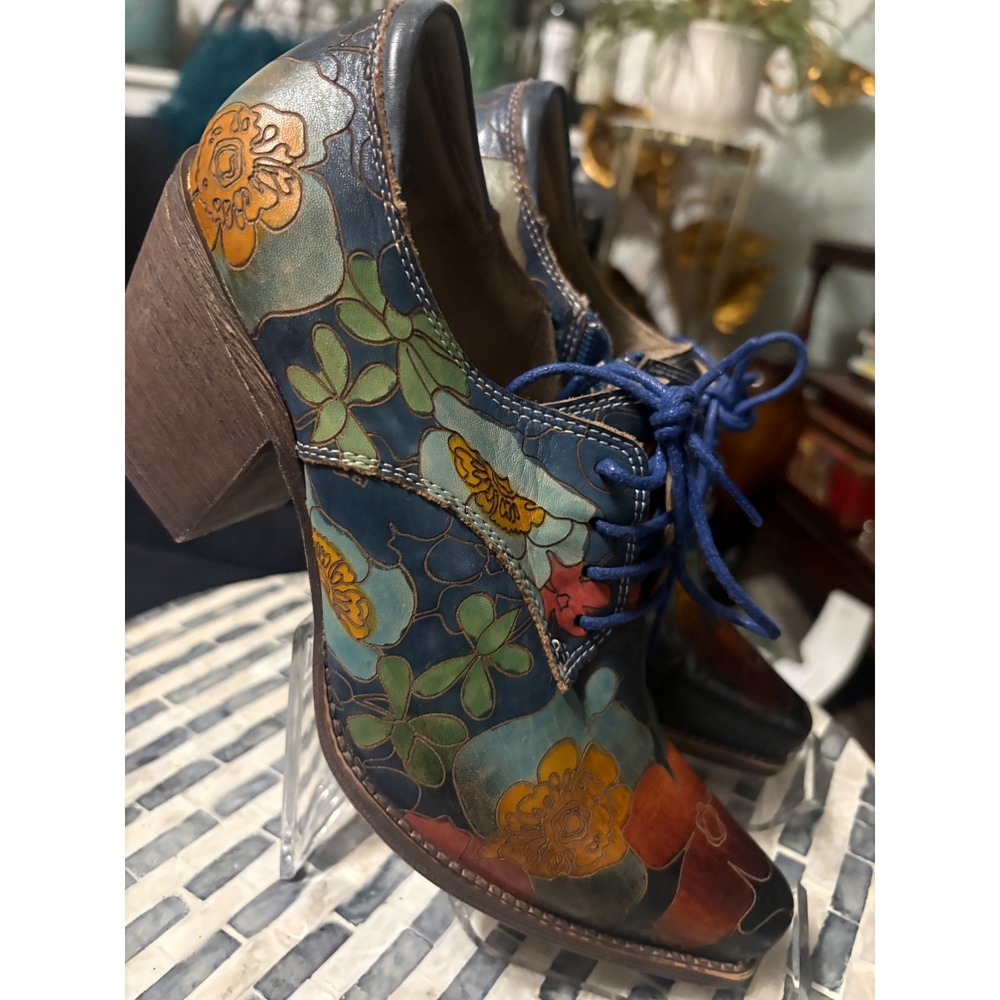 Spring Step L'Artiste Blue Floral Leather Lace-Up Ankle Boots EU 37 US 7 - Picture 4 of 15